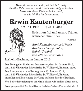 Todesanzeige von Erwin Kautenburger von saarbruecker_zeitung