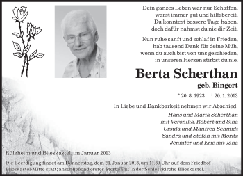 Todesanzeige von Berta Scherthan von saarbruecker_zeitung