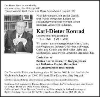 Todesanzeige von Karl-Dieter  Konrad von saarbruecker_zeitung