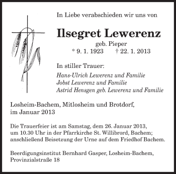 Todesanzeige von Ilsegret Lewerenz von saarbruecker_zeitung