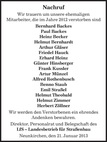 Todesanzeige von Landesbetrieb für Straßenbau trauert um von saarbruecker_zeitung