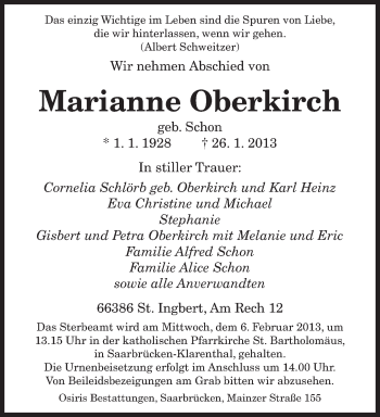 Todesanzeige von Marianne Oberkirch von saarbruecker_zeitung