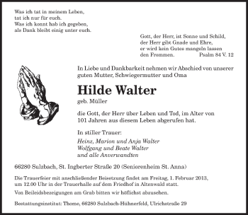 Todesanzeige von Hilde Walter von saarbruecker_zeitung