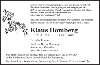 Todesanzeige von Klaus Homberg von saarbruecker_zeitung