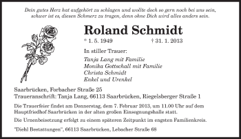 Todesanzeige von Roland Schmidt von saarbruecker_zeitung