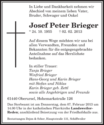 Todesanzeige von Josef Peter Brieger von saarbruecker_zeitung