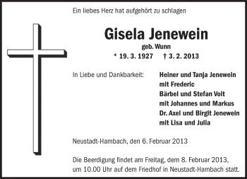 Todesanzeige von Gisela Jenewein von saarbruecker_zeitung