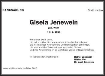 Todesanzeige von Gisela Jenewein von saarbruecker_zeitung