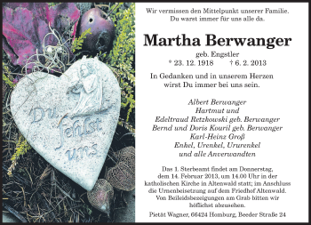 Todesanzeige von Martha Berwanger von saarbruecker_zeitung