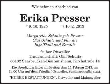 Todesanzeige von Erika Presser von saarbruecker_zeitung