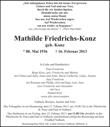 Todesanzeige von Mathilde Friedrichs-Konz von saarbruecker_zeitung
