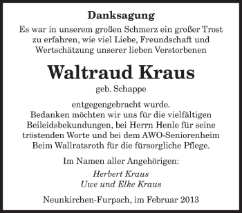 Todesanzeige von Waltraud Kraus von saarbruecker_zeitung