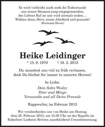 Todesanzeige von Heike Leidinger von saarbruecker_zeitung