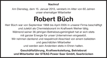 Todesanzeige von Robert Büch von saarbruecker_zeitung