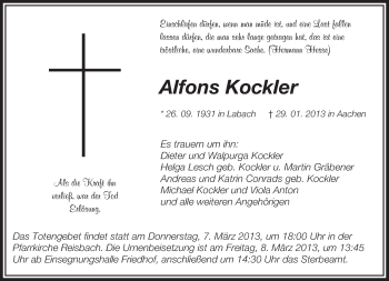 Todesanzeige von Alfons Kockler von saarbruecker_zeitung