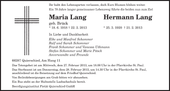 Todesanzeige von Maria und Hermann Lang von saarbruecker_zeitung