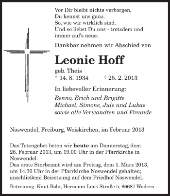 Todesanzeige von Leonie Hoff von saarbruecker_zeitung