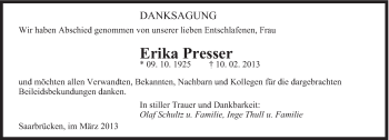 Todesanzeige von Erika Presser von saarbruecker_zeitung