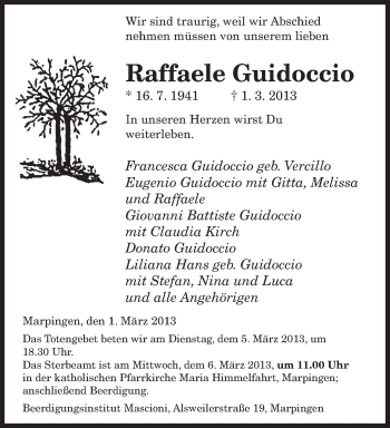 Todesanzeige von Raffaele Guidoccio von saarbruecker_zeitung
