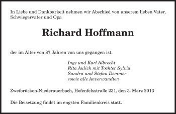 Todesanzeige von Richard Hoffmann von saarbruecker_zeitung
