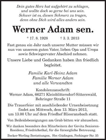 Todesanzeige von Werner Adem sen. von saarbruecker_zeitung