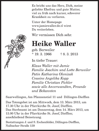 Todesanzeige von Heike Waller von saarbruecker_zeitung