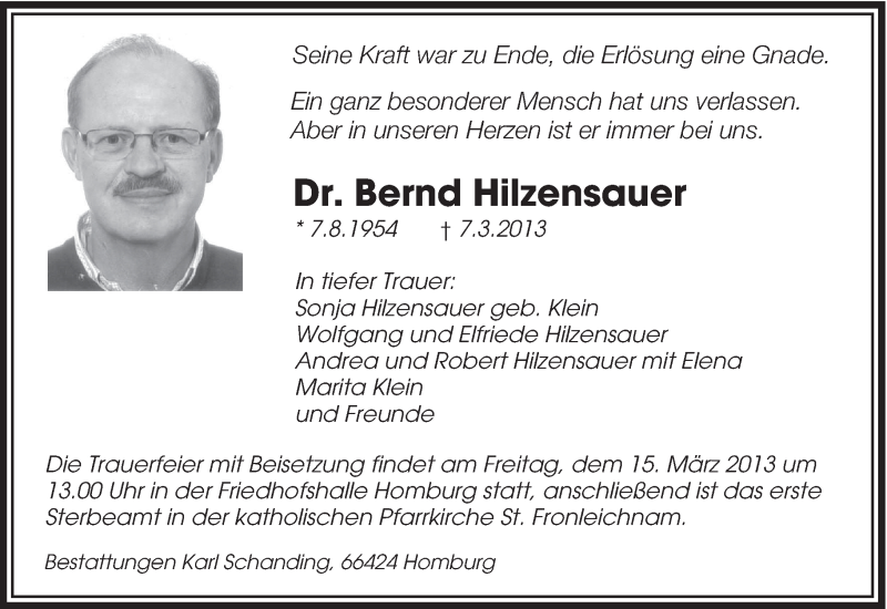  Traueranzeige für Bernd Hilzensauer vom 11.03.2013 aus saarbruecker_zeitung