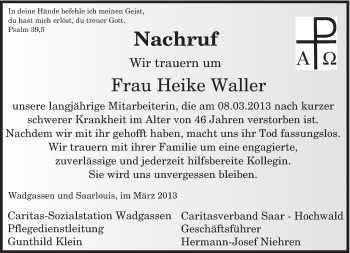 Todesanzeige von Heike Waller von saarbruecker_zeitung