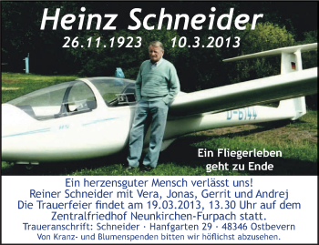 Todesanzeige von Heinz Schneider von saarbruecker_zeitung