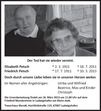 Todesanzeige von Elisabeth und Friedrich Petsch von saarbruecker_zeitung
