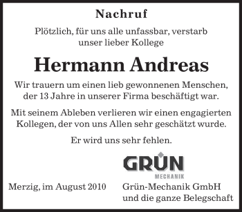 Todesanzeige von Hermann Andreas von SAARBRÜCKER ZEITUNG