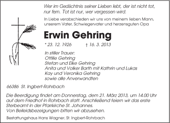 Todesanzeige von Erwin Gehring von saarbruecker_zeitung