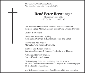 Todesanzeige von René Peter Berwanger von saarbruecker_zeitung