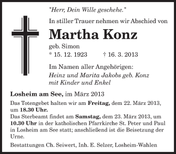 Todesanzeige von Martha Konz von saarbruecker_zeitung