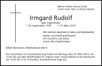 Todesanzeige von Irmgard Rudolf von saarbruecker_zeitung