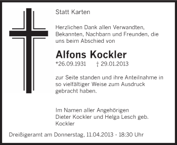 Todesanzeige von Alfons Kockler von saarbruecker_zeitung