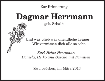 Todesanzeige von Dagmar Herrmann von saarbruecker_zeitung