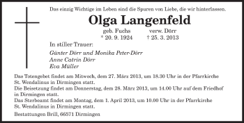 Todesanzeige von Olga Langenfeld von saarbruecker_zeitung