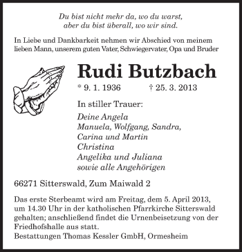 Todesanzeige von Rudi Butzbach von saarbruecker_zeitung