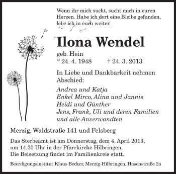 Todesanzeige von Ilona Wendel von saarbruecker_zeitung