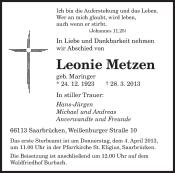 Todesanzeige von Leonie Metzen von saarbruecker_zeitung
