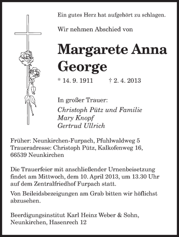 Todesanzeige von Margarete Anna George von saarbruecker_zeitung