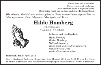 Todesanzeige von Hilde Homburg von saarbruecker_zeitung