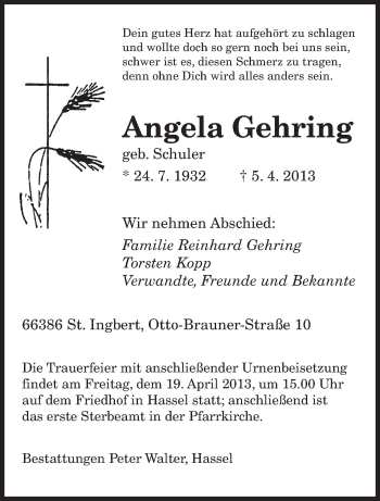 Todesanzeige von Angela Gehring von saarbruecker_zeitung