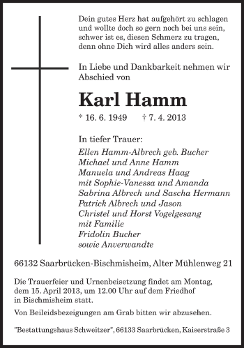 Todesanzeige von Karl Hamm von saarbruecker_zeitung