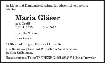 Todesanzeige von Maria Gläser von saarbruecker_zeitung