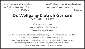 Todesanzeige von Wolfgang-Dietrich Gerhard von saarbruecker_zeitung