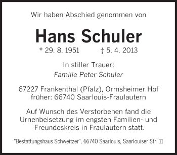 Todesanzeige von Hans Schuler von saarbruecker_zeitung