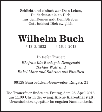 Todesanzeige von Wilhelm Buch von saarbruecker_zeitung