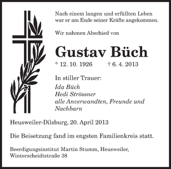Todesanzeige von Gustav Büch von saarbruecker_zeitung